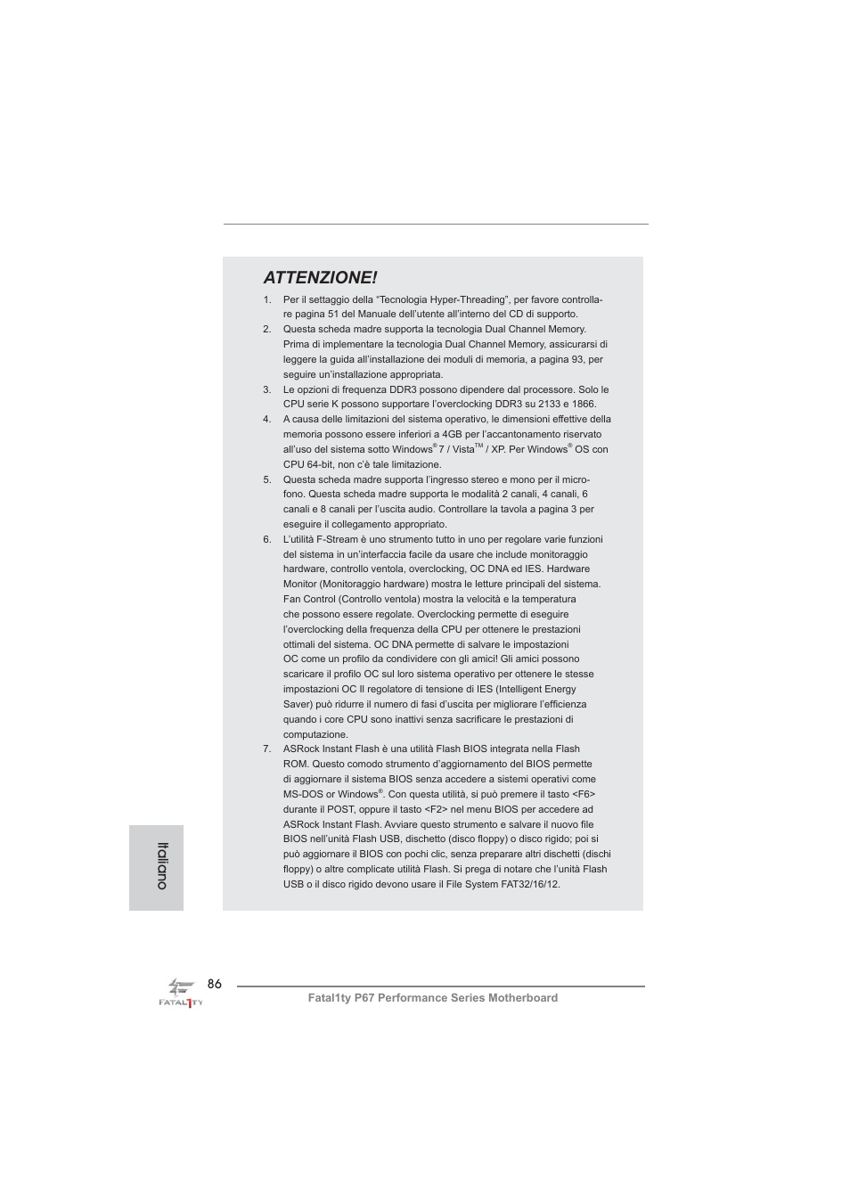 Attenzione, Italiano | ASRock Fatal1ty P67 Performance User Manual | Page 86 / 266