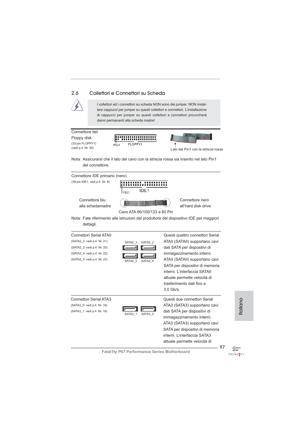 Italiano, 6 collettori e connettori su scheda | ASRock Fatal1ty P67 Performance User Manual | Page 97 / 266
