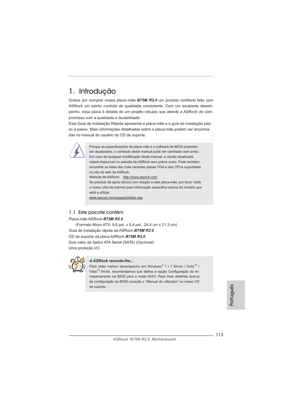 Portuguese, Introdução, Po rtuguês | 1 este pacote contém | ASRock B75M R2.0 User Manual | Page 113 / 204