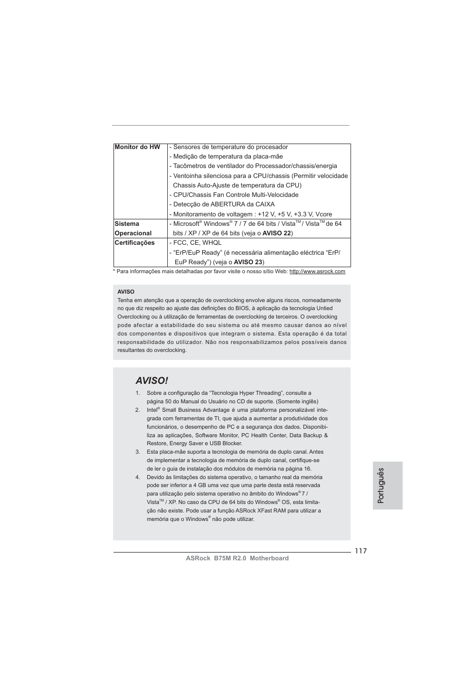 Aviso, Po rtuguês | ASRock B75M R2.0 User Manual | Page 117 / 204