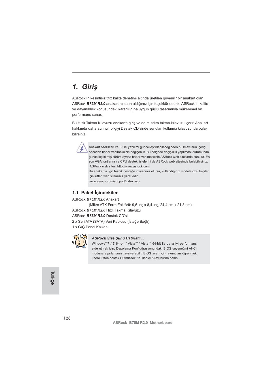 Turkish, Giriş, 1 paket içindekiler | Türkçe | ASRock B75M R2.0 User Manual | Page 128 / 204