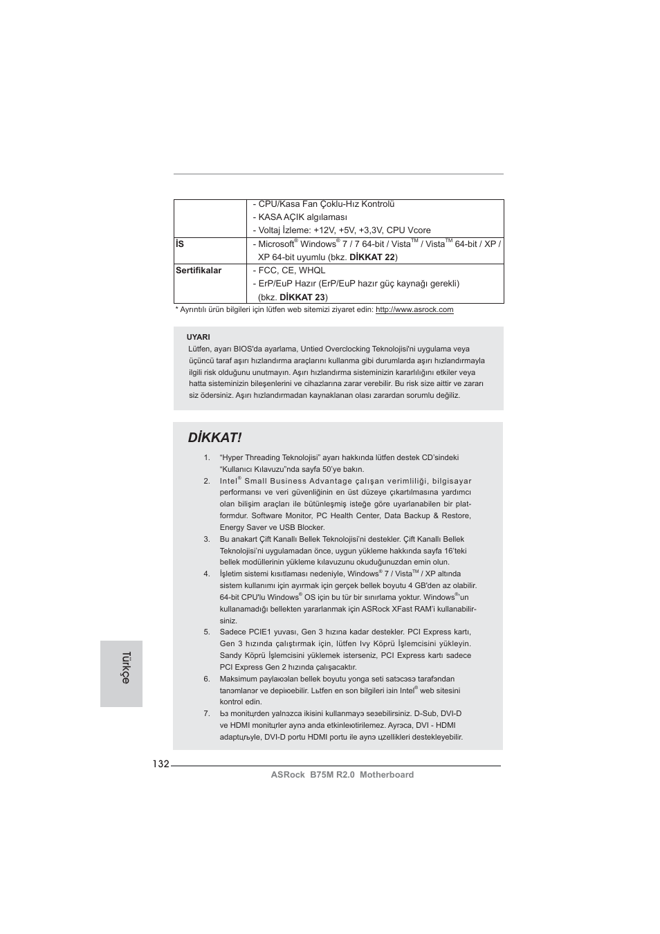 Dikkat, Türkçe | ASRock B75M R2.0 User Manual | Page 132 / 204