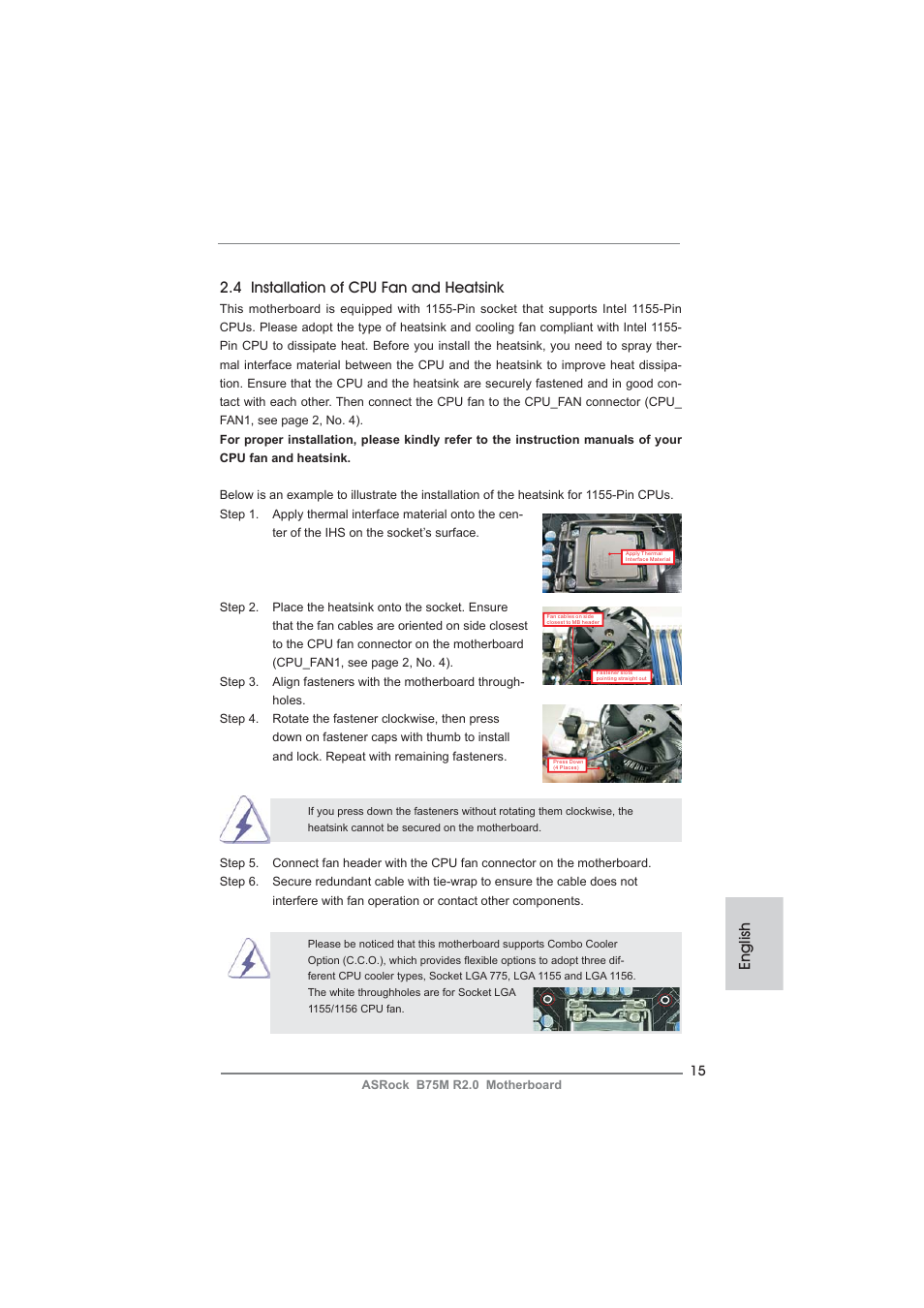 English 2.4 installation of cpu fan and heatsink | ASRock B75M R2.0 User Manual | Page 15 / 204