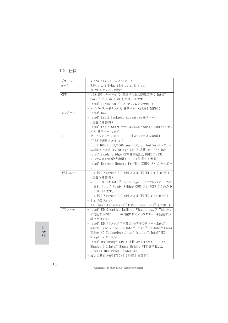 日本語 1.2 仕様 | ASRock B75M R2.0 User Manual | Page 158 / 204