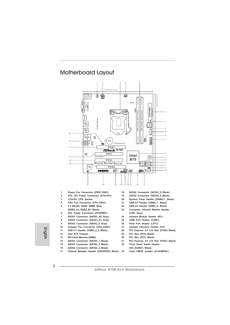 Motherboard layout, English, Intel b75 | Audio codec, Hdled reset pled pwrbtn, Asrock b75m r2.0 motherboard | ASRock B75M R2.0 User Manual | Page 2 / 204