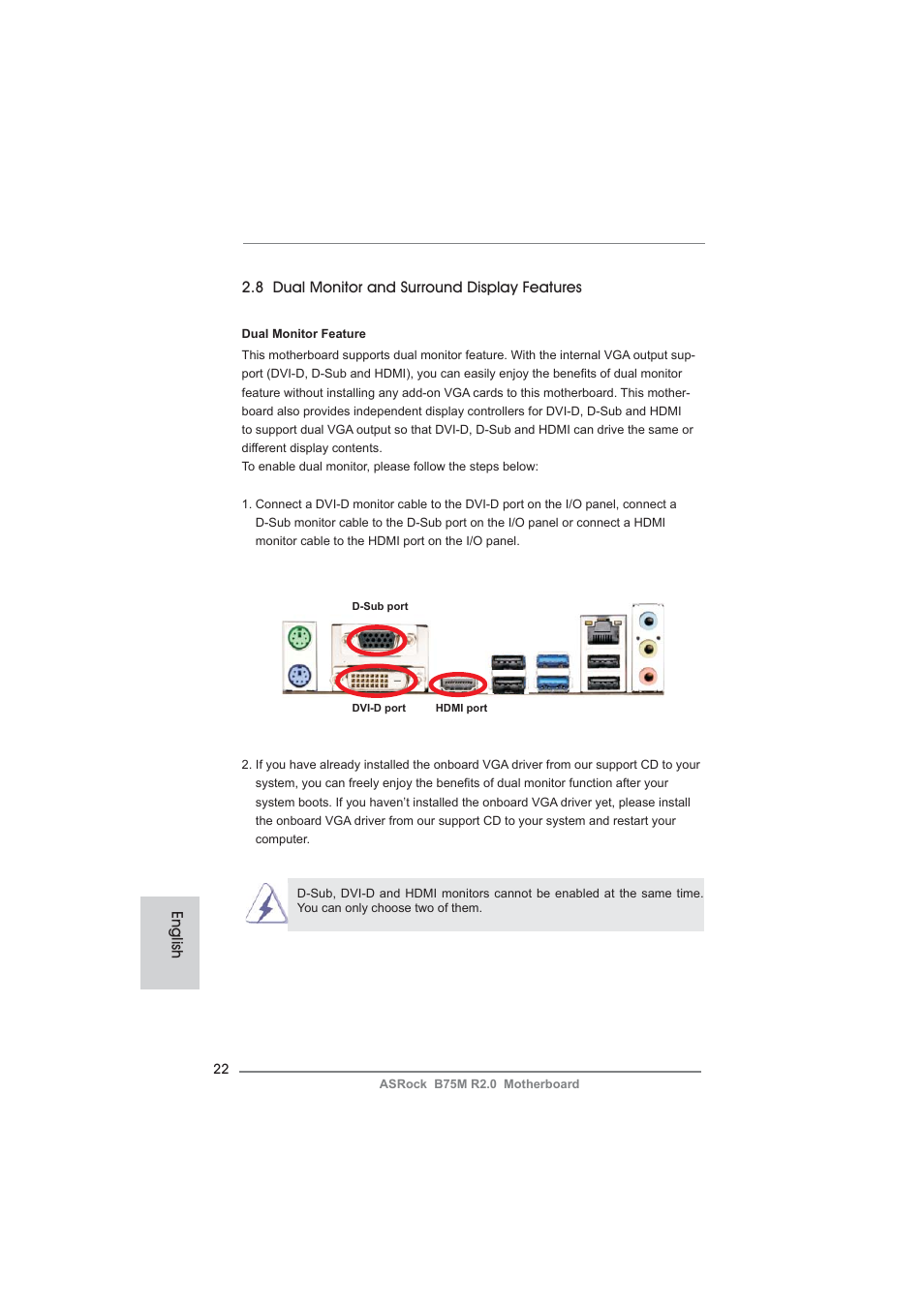 English, 8 dual monitor and surround display features | ASRock B75M R2.0 User Manual | Page 22 / 204