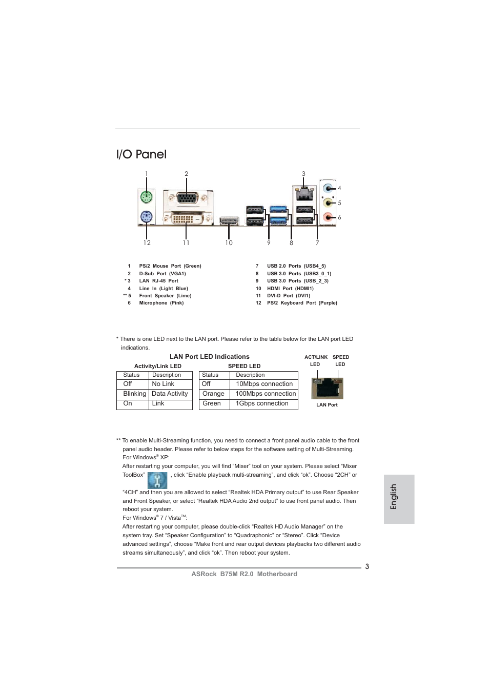 I/o panel, English | ASRock B75M R2.0 User Manual | Page 3 / 204