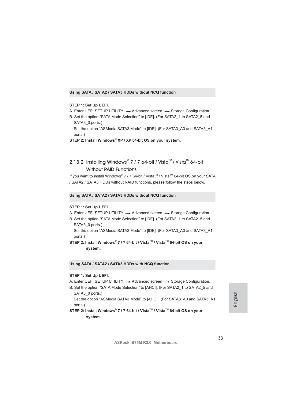 English, 2 installing windows, 7 / 7 64-bit / vista | Vista, Bit without raid functions | ASRock B75M R2.0 User Manual | Page 33 / 204