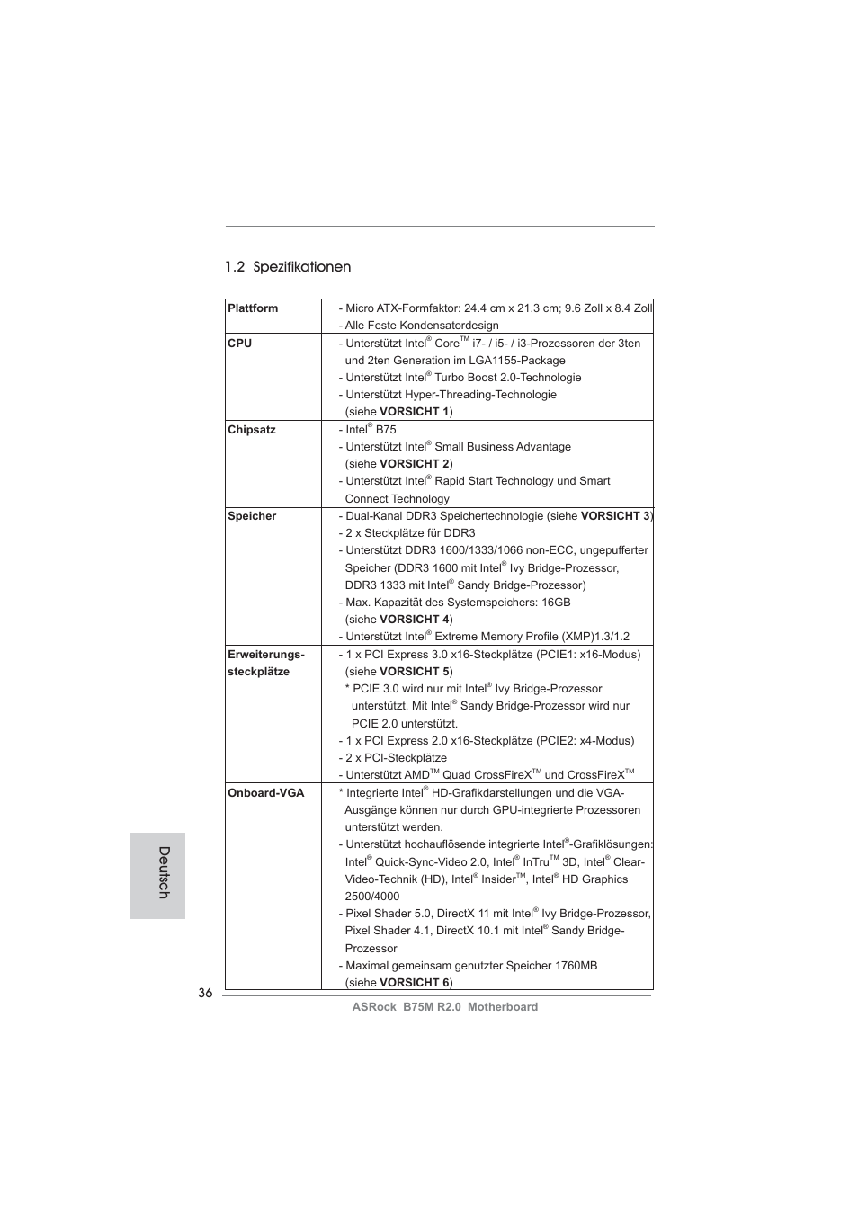 Deutsch 1.2 spezifikationen | ASRock B75M R2.0 User Manual | Page 36 / 204