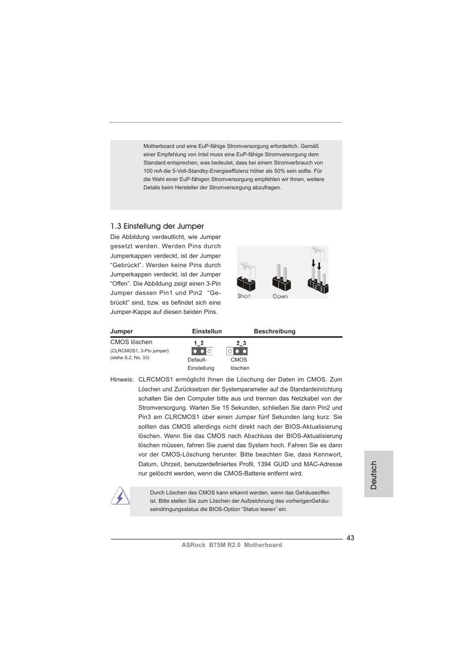 Deutsch 1.3 einstellung der jumper | ASRock B75M R2.0 User Manual | Page 43 / 204