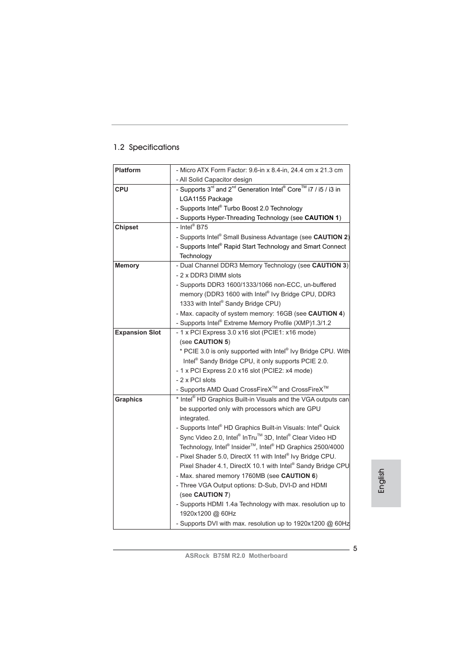 English 1.2 specifications | ASRock B75M R2.0 User Manual | Page 5 / 204
