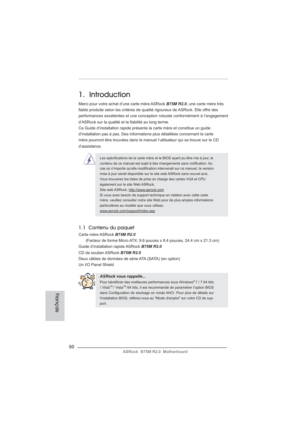 French, Introduction, 1 contenu du paquet | Français | ASRock B75M R2.0 User Manual | Page 50 / 204