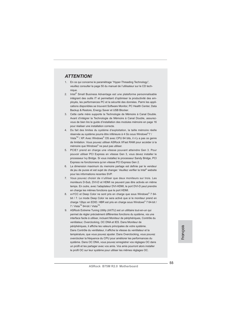 Attention, Français | ASRock B75M R2.0 User Manual | Page 55 / 204