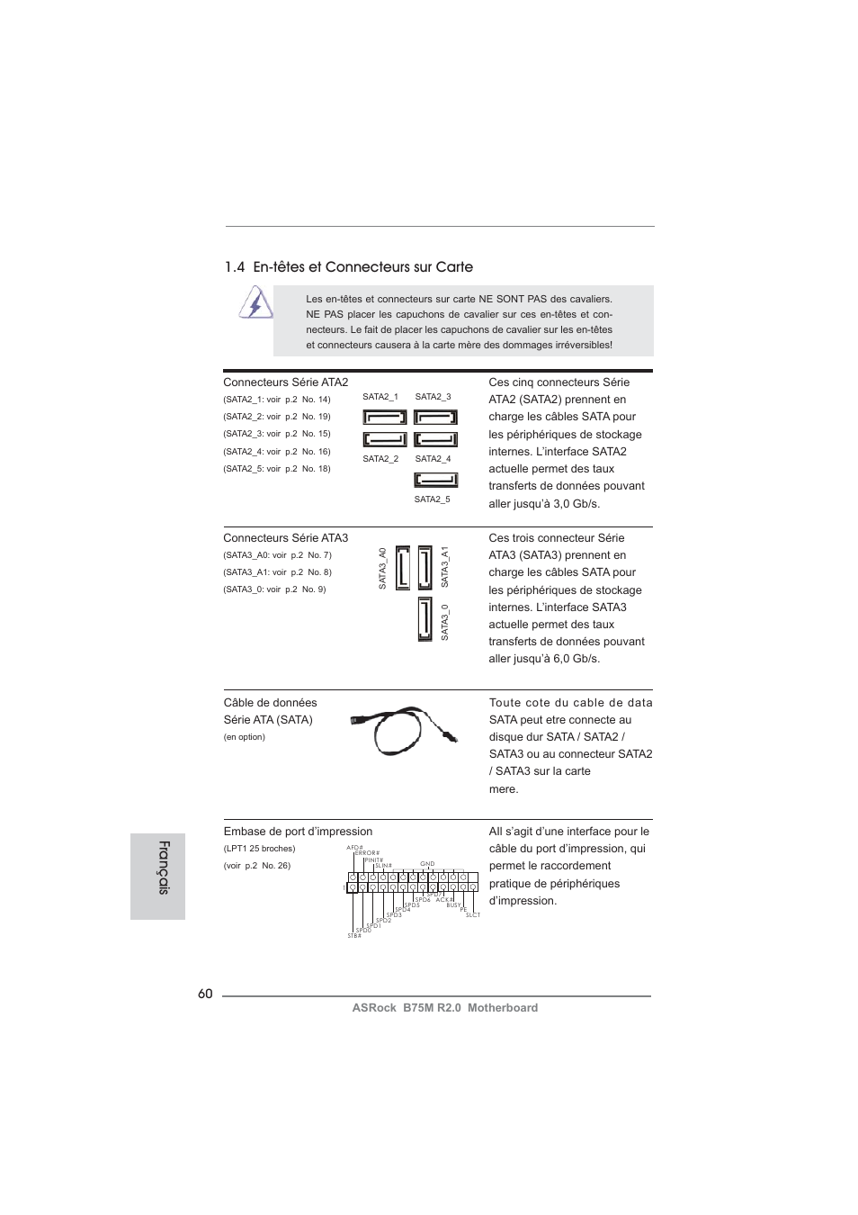 Français, 4 en-têtes et connecteurs sur carte | ASRock B75M R2.0 User Manual | Page 60 / 204