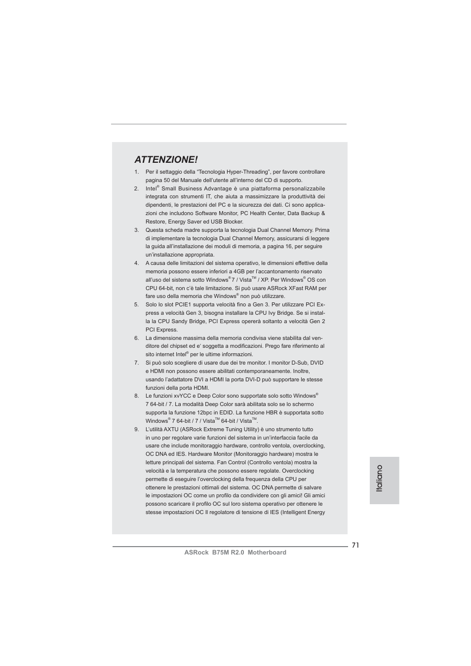 Attenzione, Italiano | ASRock B75M R2.0 User Manual | Page 71 / 204