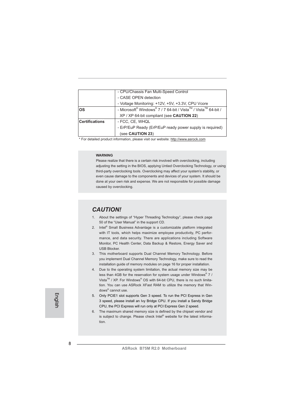 Caut ion, English | ASRock B75M R2.0 User Manual | Page 8 / 204