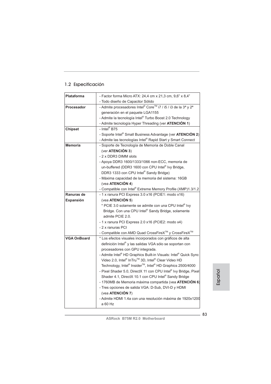 Español 1.2 especificación | ASRock B75M R2.0 User Manual | Page 83 / 204