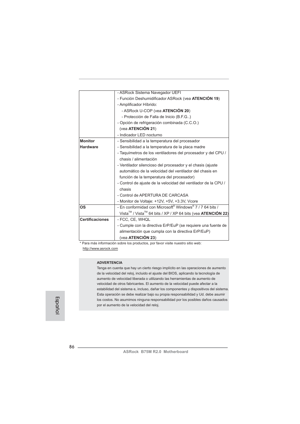 Español | ASRock B75M R2.0 User Manual | Page 86 / 204