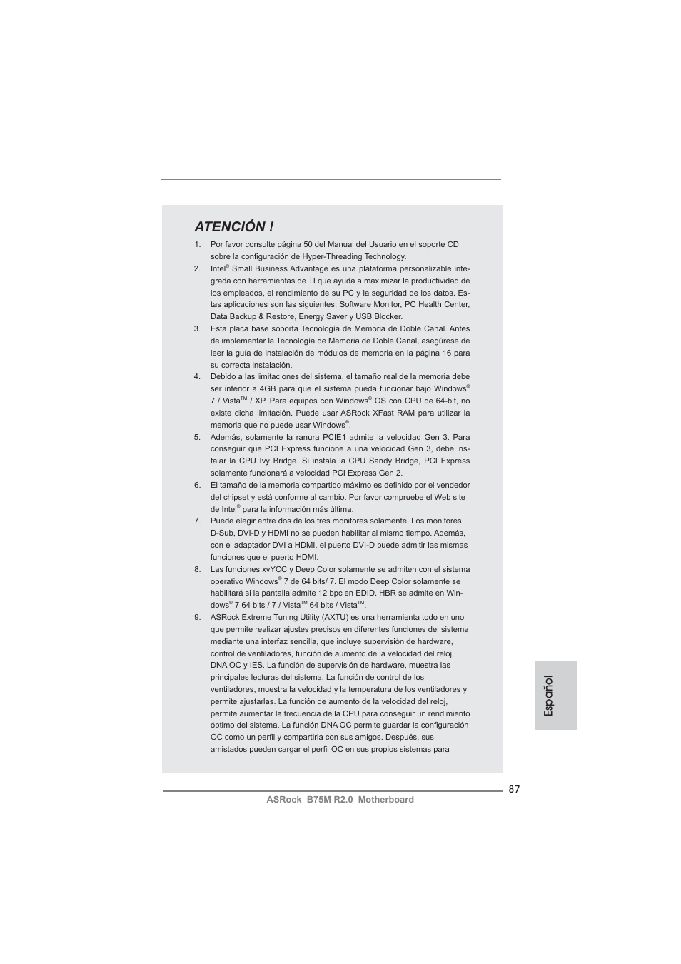 Atención, Español | ASRock B75M R2.0 User Manual | Page 87 / 204