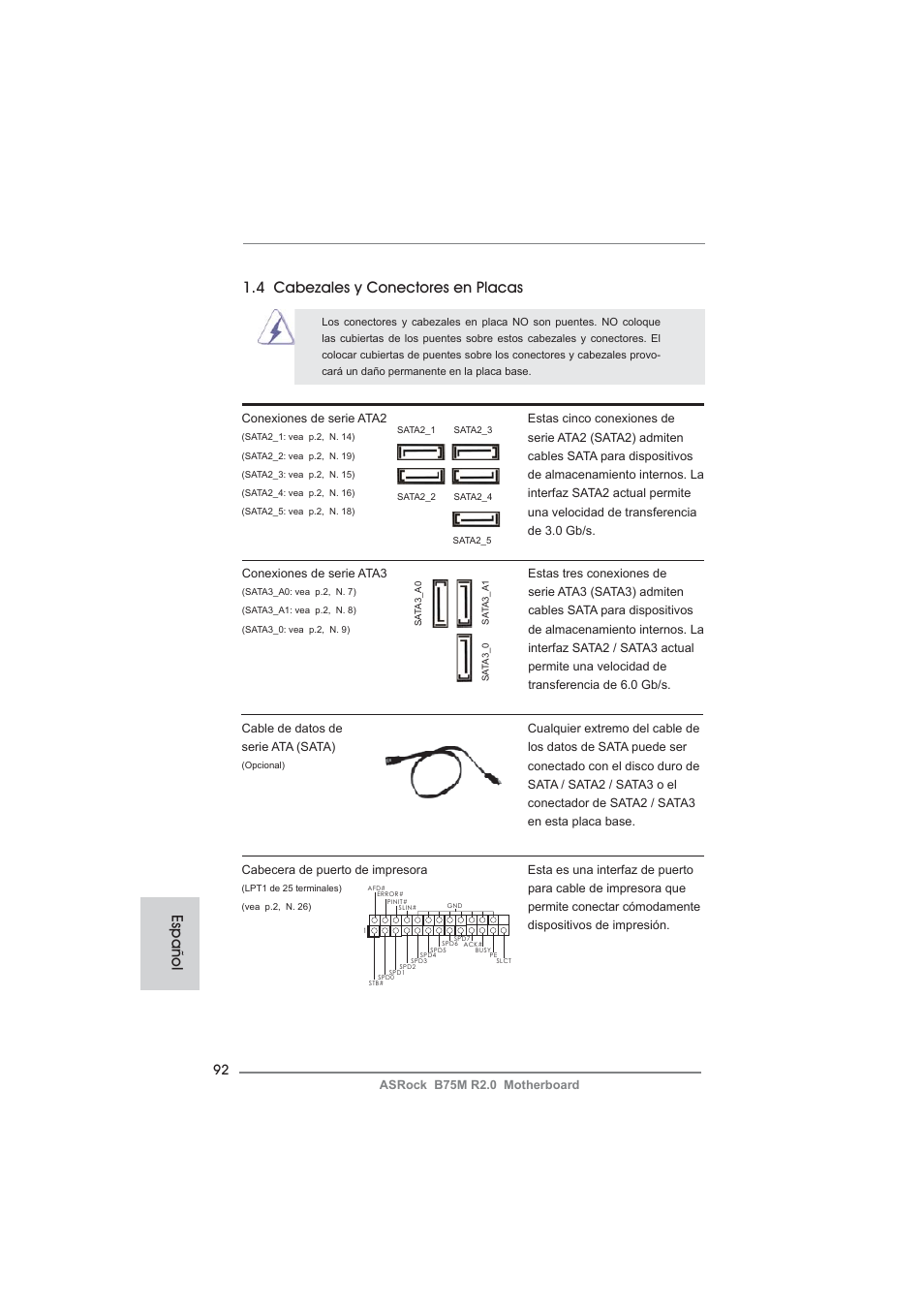 Español 1.4 cabezales y conectores en placas | ASRock B75M R2.0 User Manual | Page 92 / 204