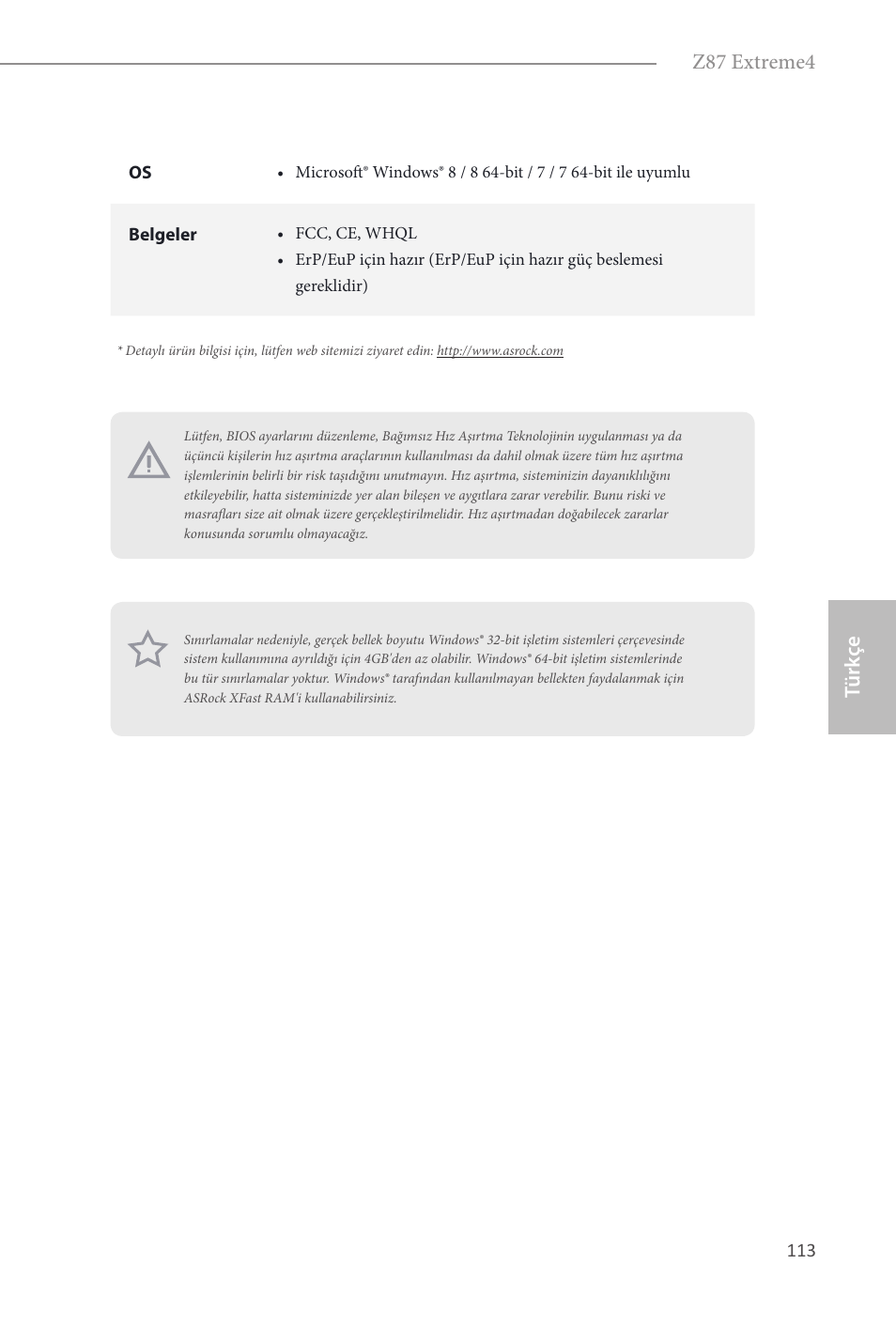 Türk çe, Türk çe z87 extreme4 | ASRock Z87 Extreme4 User Manual | Page 115 / 188