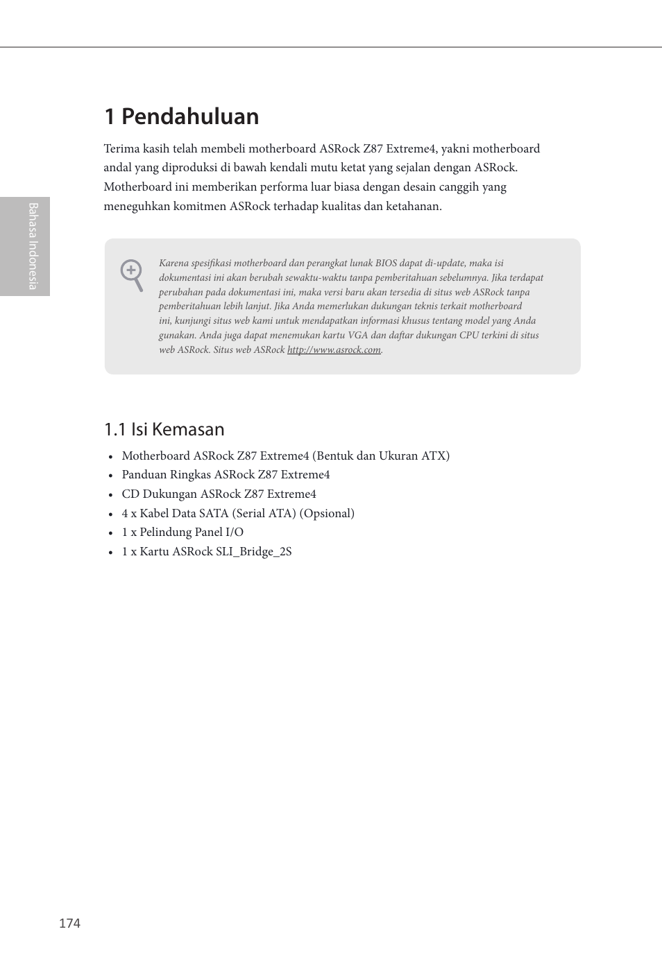 Indonesian, 1 pendahuluan, 1 isi kemasan | ASRock Z87 Extreme4 User Manual | Page 176 / 188