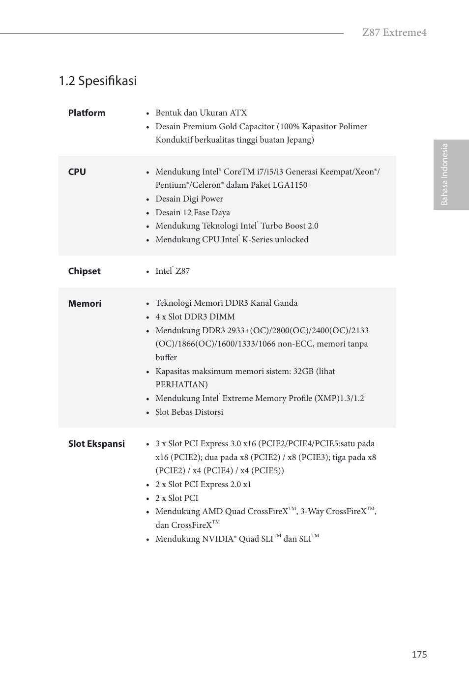 2 spesifikasi, Z87 extreme4 | ASRock Z87 Extreme4 User Manual | Page 177 / 188