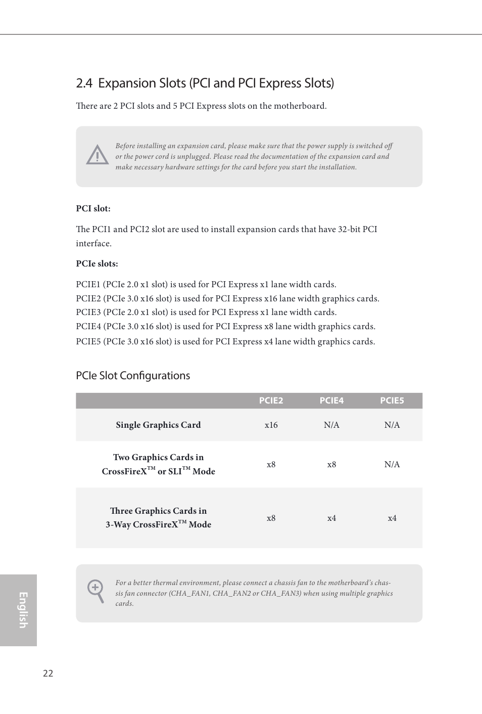 4 expansion slots (pci and pci express slots), English, Pcie slot configurations | ASRock Z87 Extreme4 User Manual | Page 24 / 188