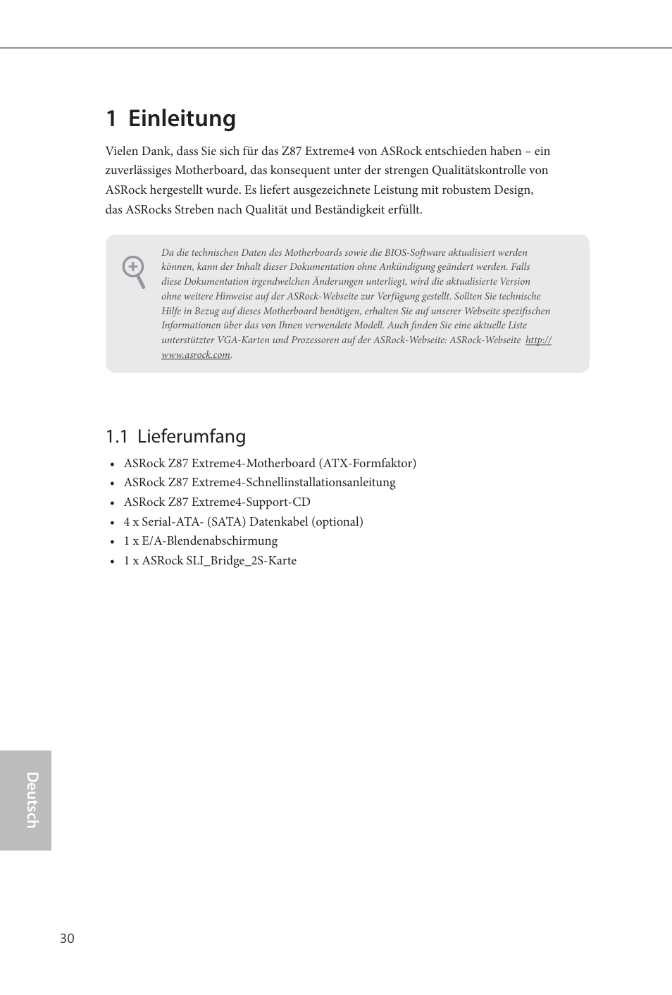 German, 1 einleitung, 1 lieferumfang | ASRock Z87 Extreme4 User Manual | Page 32 / 188