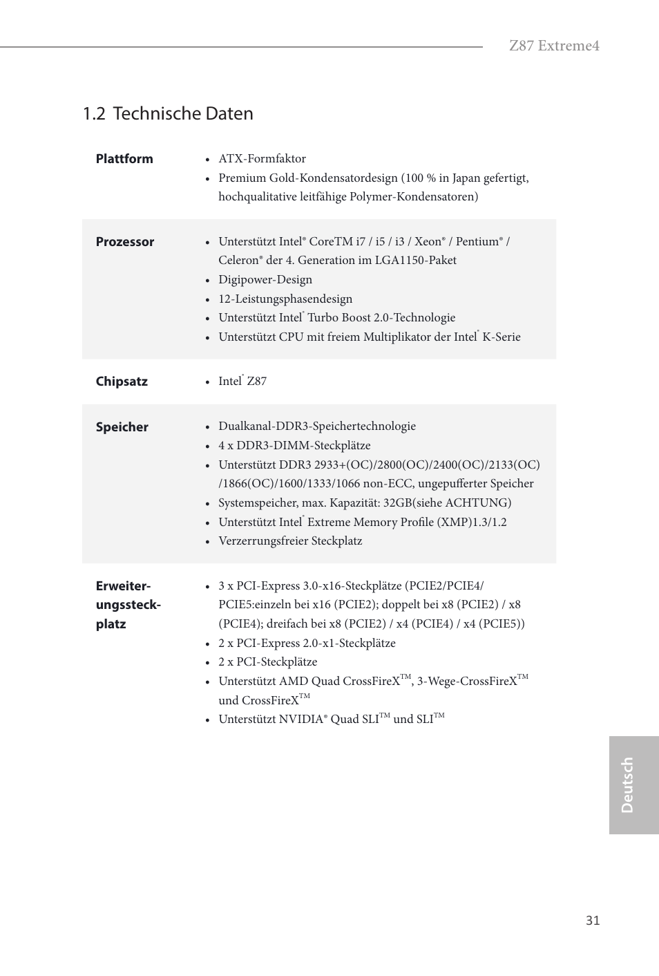 2 technische daten, Deutsch z87 extreme4 | ASRock Z87 Extreme4 User Manual | Page 33 / 188