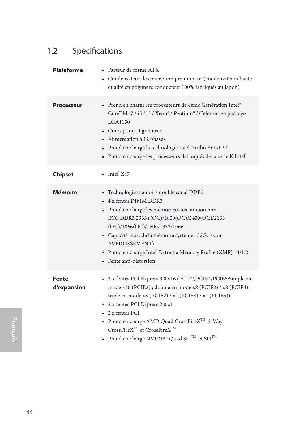 2 spécifications, Fr ançais français | ASRock Z87 Extreme4 User Manual | Page 46 / 188