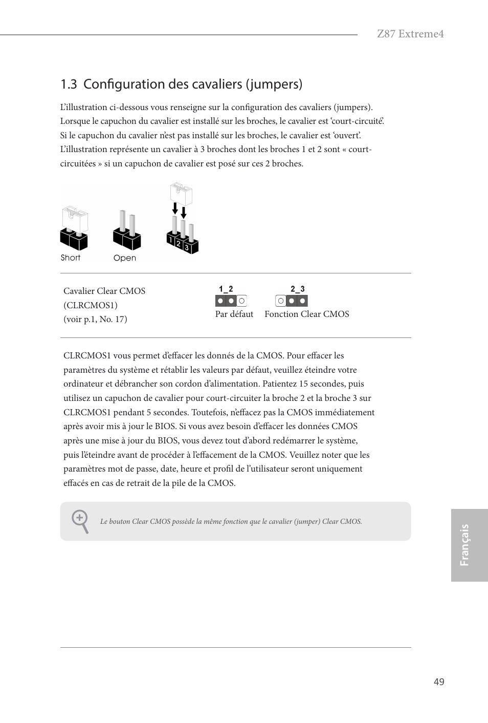 3 configuration des cavaliers (jumpers) | ASRock Z87 Extreme4 User Manual | Page 51 / 188