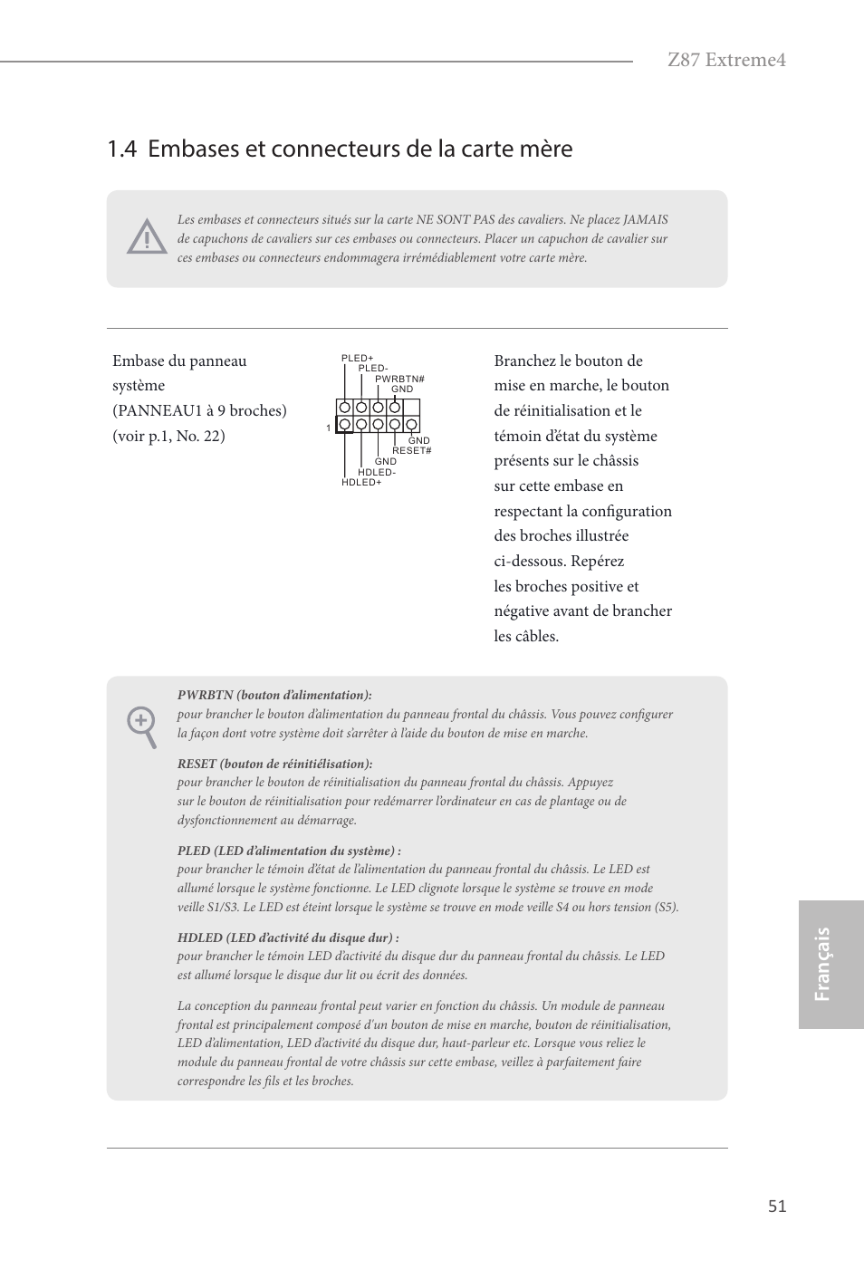 4 embases et connecteurs de la carte mère, Fr ançais français z87 extreme4 | ASRock Z87 Extreme4 User Manual | Page 53 / 188