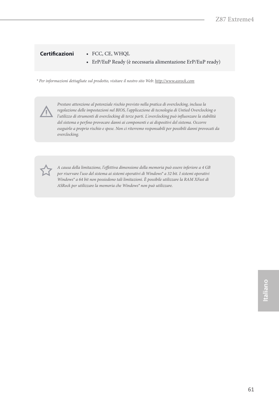 Italiano, Italiano z87 extreme4 | ASRock Z87 Extreme4 User Manual | Page 63 / 188