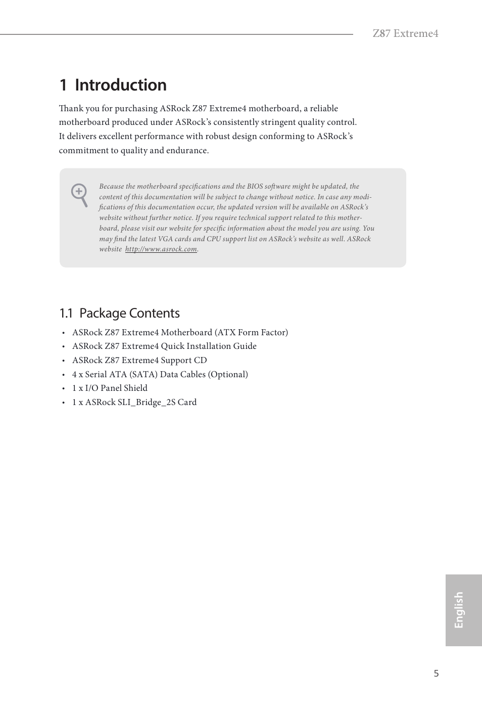 1 introduction, 1 package contents | ASRock Z87 Extreme4 User Manual | Page 7 / 188