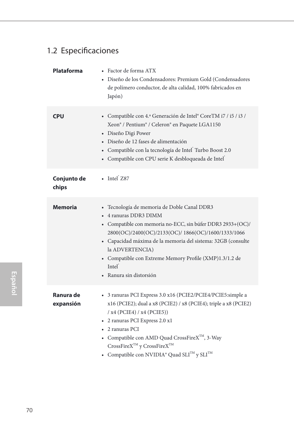 2 especificaciones, Español | ASRock Z87 Extreme4 User Manual | Page 72 / 188