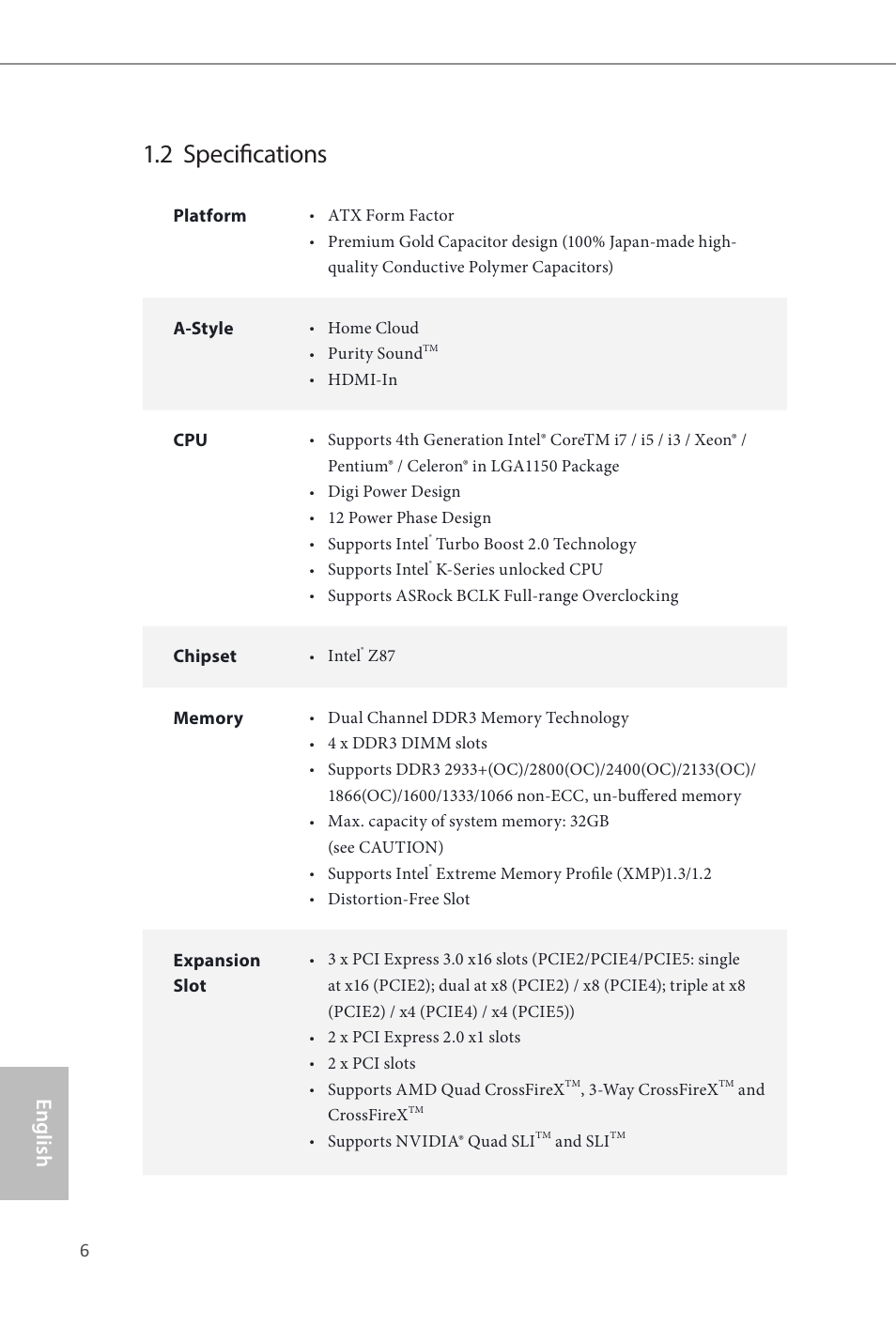 2 specifications, English | ASRock Z87 Extreme4 User Manual | Page 8 / 188