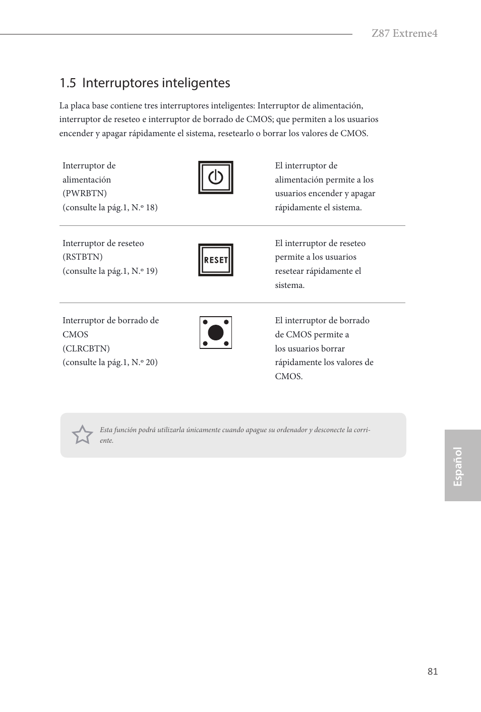 5 interruptores inteligentes, Español z87 extreme4 | ASRock Z87 Extreme4 User Manual | Page 83 / 188