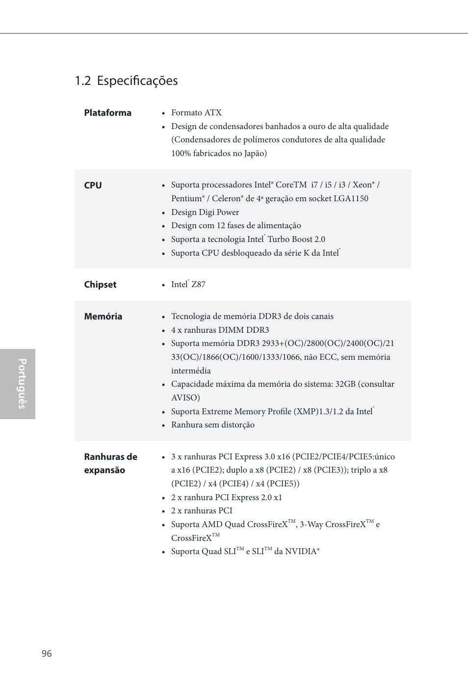 2 especificações, Por tuguês | ASRock Z87 Extreme4 User Manual | Page 98 / 188