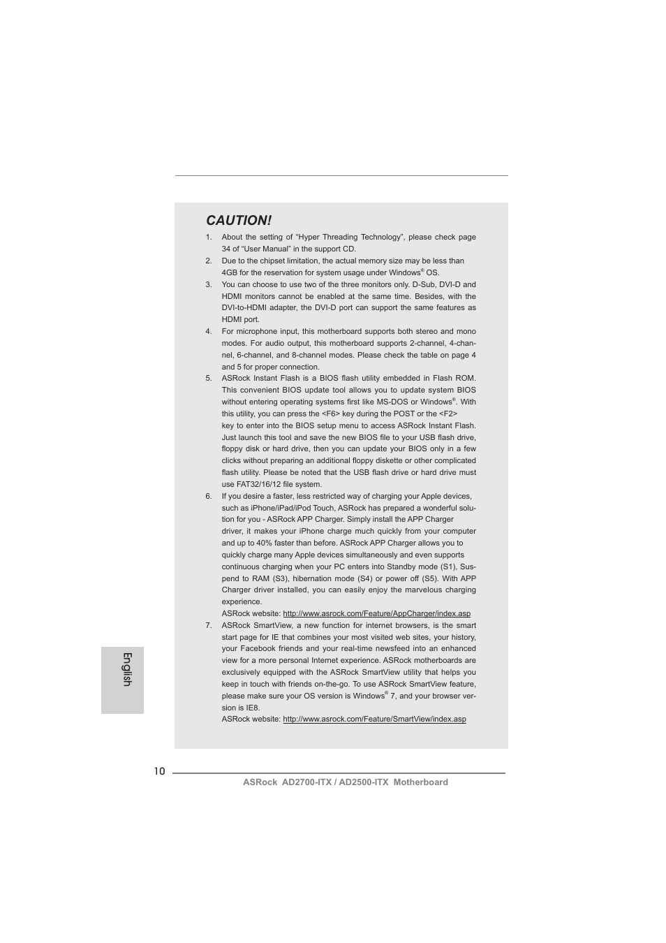 Caution, English | ASRock AD2700-ITX User Manual | Page 10 / 158