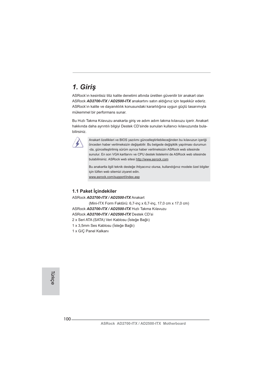 Turkish, Giriş | ASRock AD2700-ITX User Manual | Page 100 / 158