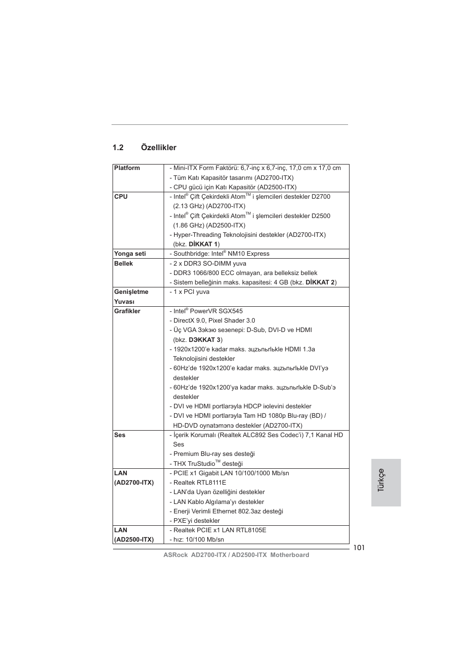 Türkçe 1.2 özellikler | ASRock AD2700-ITX User Manual | Page 101 / 158
