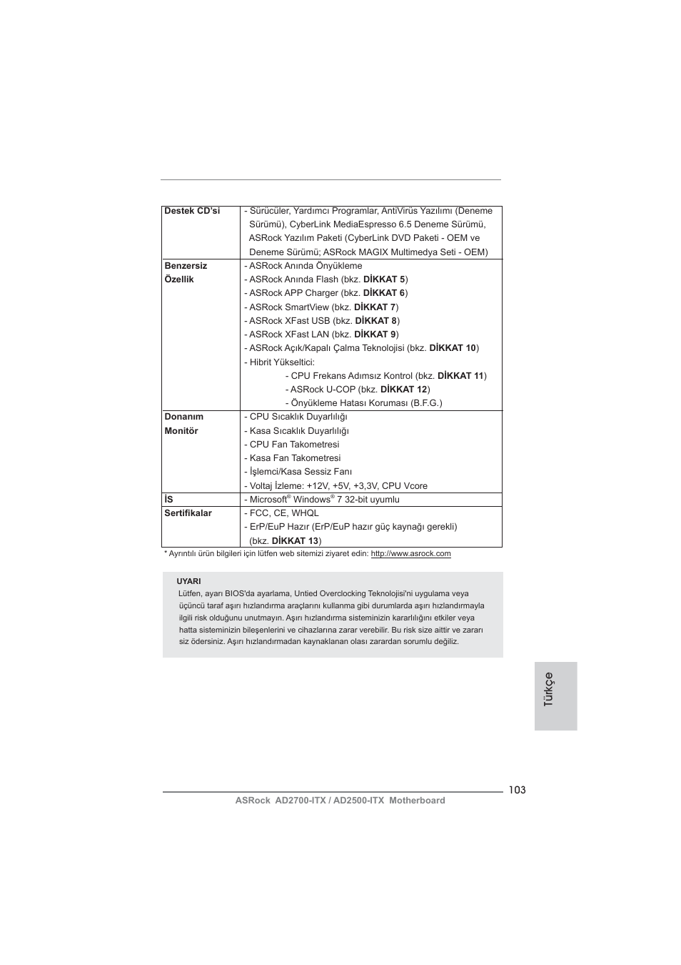 Türkçe | ASRock AD2700-ITX User Manual | Page 103 / 158