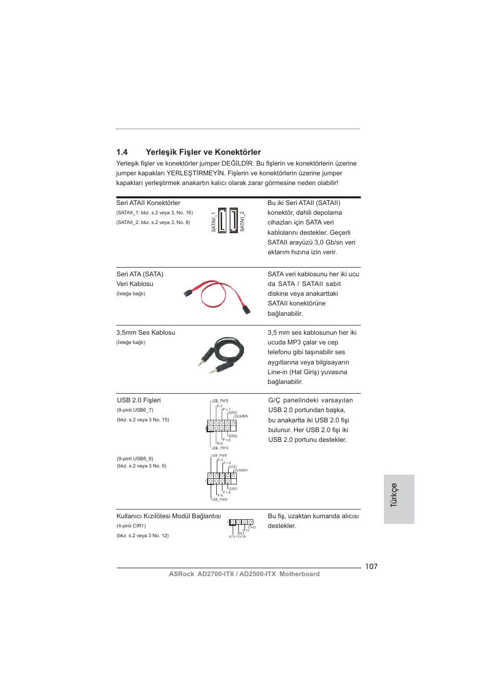 Türkçe 1.4 yerleşik fişler ve konektörler | ASRock AD2700-ITX User Manual | Page 107 / 158