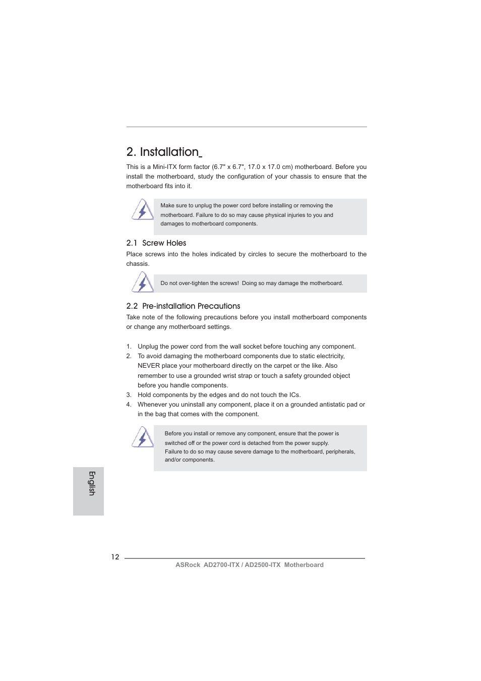 Installation, English, 1 screw holes | 2 pre-installation precautions | ASRock AD2700-ITX User Manual | Page 12 / 158