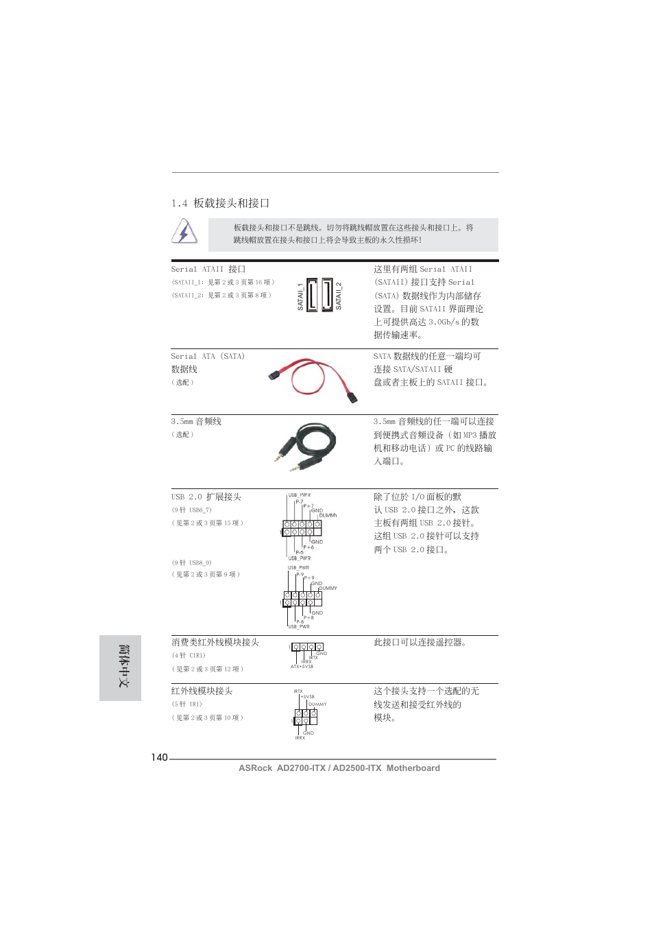 簡體中文, 4 板載接頭和接口 | ASRock AD2700-ITX User Manual | Page 140 / 158