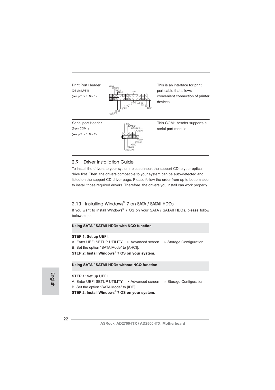 English 2.9 driver installation guide, 10 installing windows, 7 on sata / sataii hdds | ASRock AD2700-ITX User Manual | Page 22 / 158