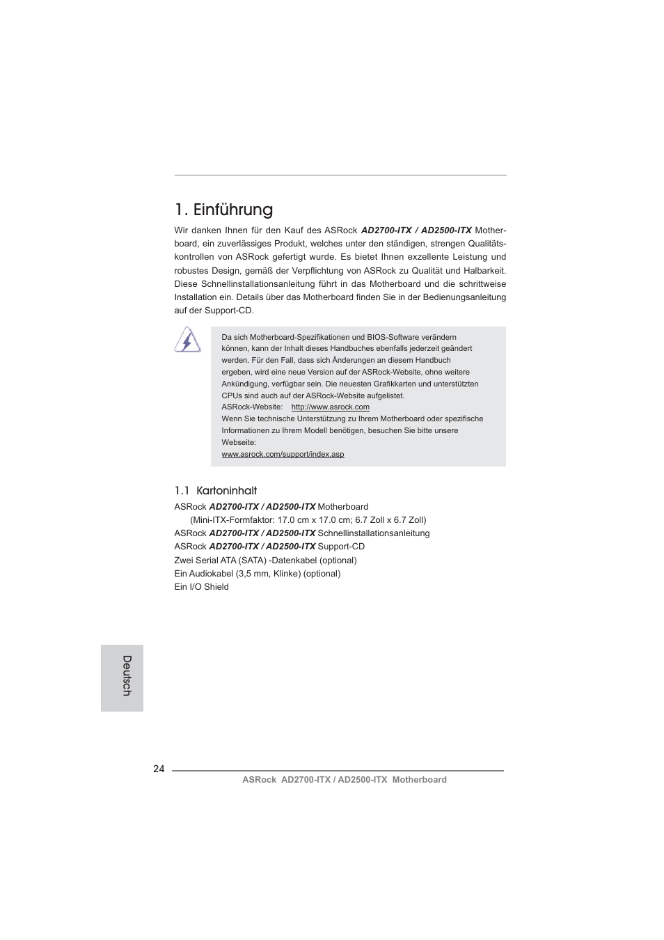 German, Einführung, 1 kartoninhalt | Deutsch | ASRock AD2700-ITX User Manual | Page 24 / 158