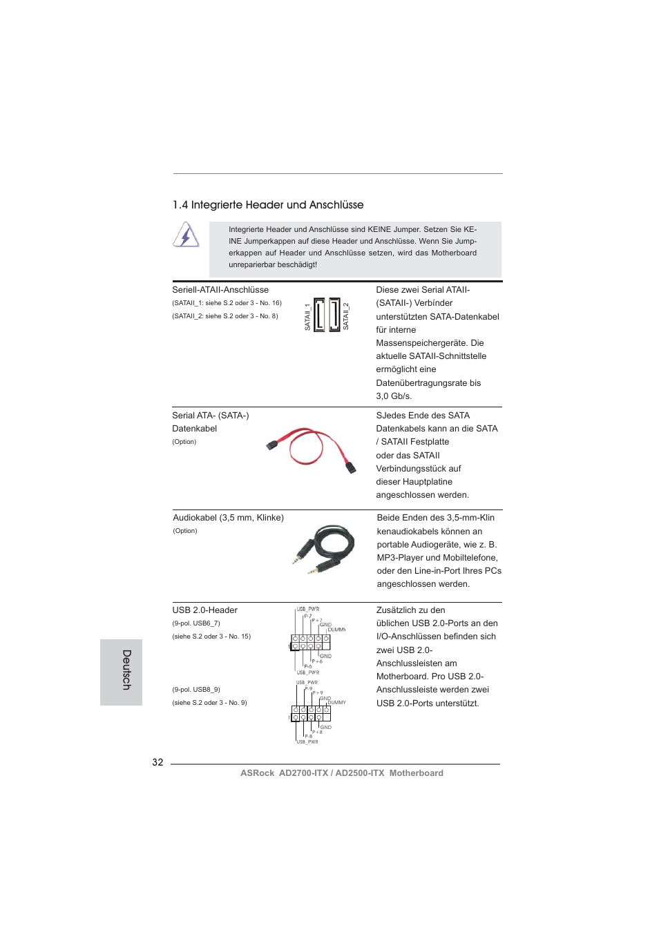 Deutsch 1.4 integrierte header und anschlüsse | ASRock AD2700-ITX User Manual | Page 32 / 158