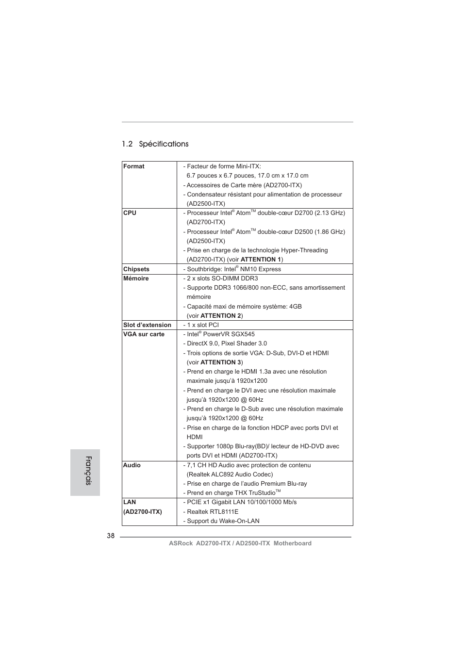 2 spécifications, Français | ASRock AD2700-ITX User Manual | Page 38 / 158